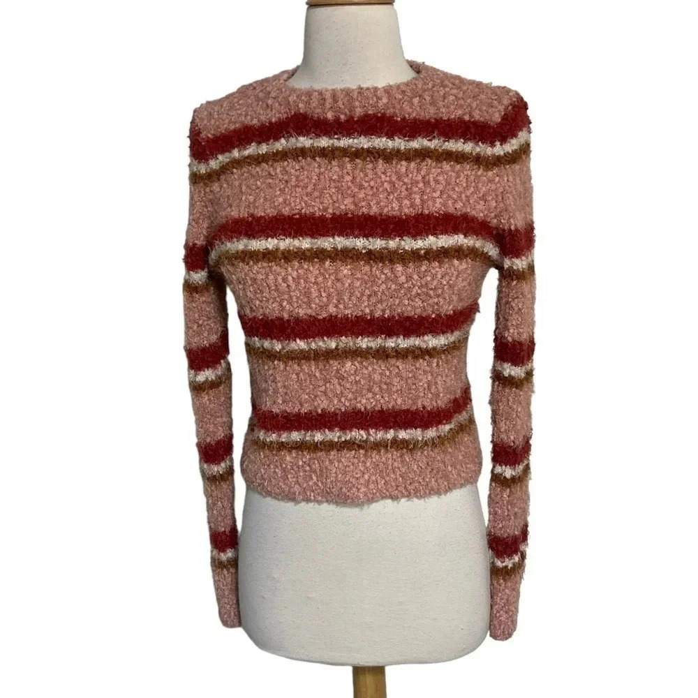 Freshman 1996 Pink Red Brown Stripe Fuzzy Knit Cropped Sweater‎ Women's Medium